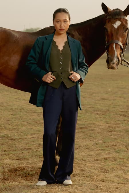 Shop_Raasa_Blue Crepe Solid Notched Lapel Bay Blazer With Trouser 