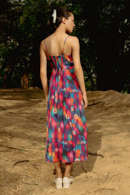 Shop_Raasa_Multi Color Cotton Muslin Printed Abstract Sweetheart Midi Dress _at_Aza_Fashions