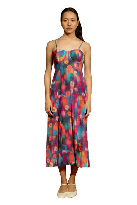 Raasa_Multi Color Cotton Muslin Printed Abstract Sweetheart Midi Dress _Online_at_Aza_Fashions