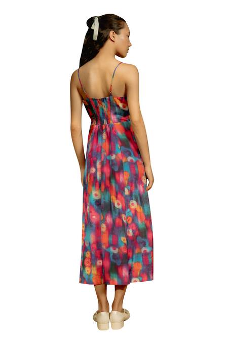 Shop_Raasa_Multi Color Cotton Muslin Printed Abstract Sweetheart Midi Dress _Online_at_Aza_Fashions