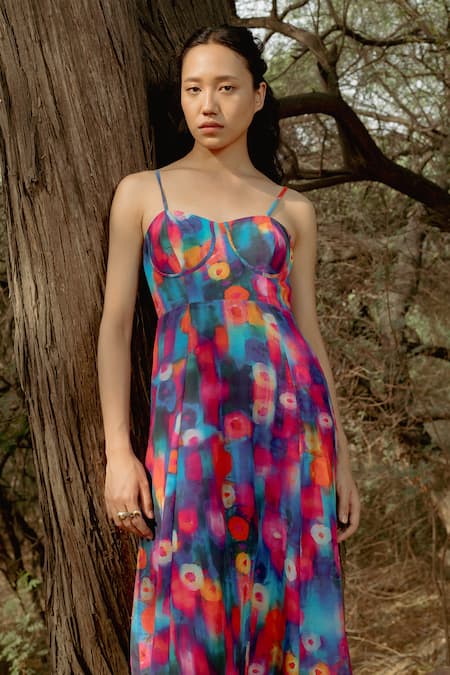 Shop_Raasa_Multi Color Cotton Muslin Printed Abstract Sweetheart Midi Dress 