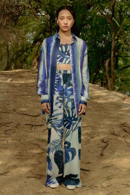 Raasa_Blue Cotton Modal Printed Leaf Top Straight Pant Set _Online_at_Aza_Fashions
