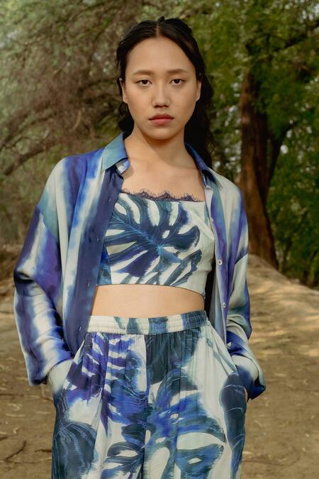 Shop_Raasa_Blue Cotton Modal Printed Leaf Top Straight Pant Set 