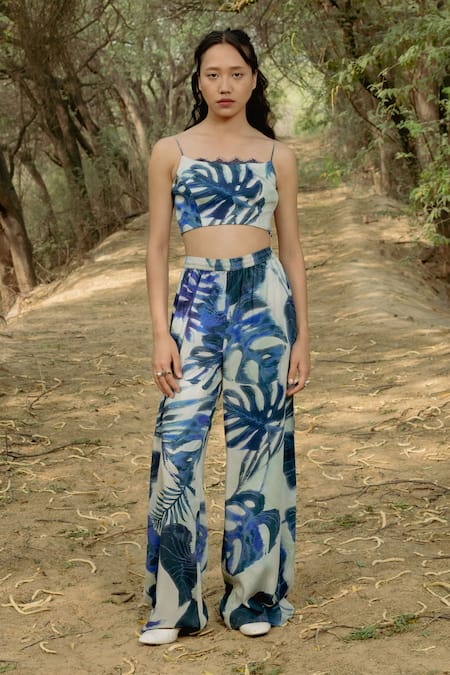 Raasa Blue Cotton Modal Printed Leaf Straight Top And Pant Set 