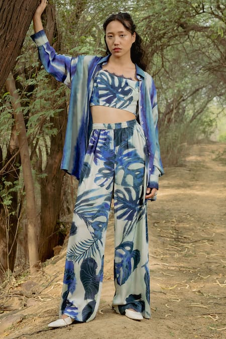 Raasa_Blue Cotton Modal Printed Leaf Straight Top And Pant Set _Online_at_Aza_Fashions