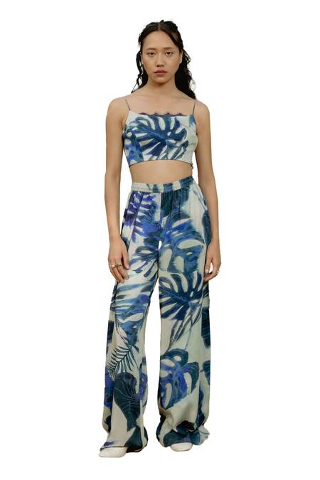 Shop_Raasa_Blue Cotton Modal Printed Leaf Straight Top And Pant Set _Online_at_Aza_Fashions