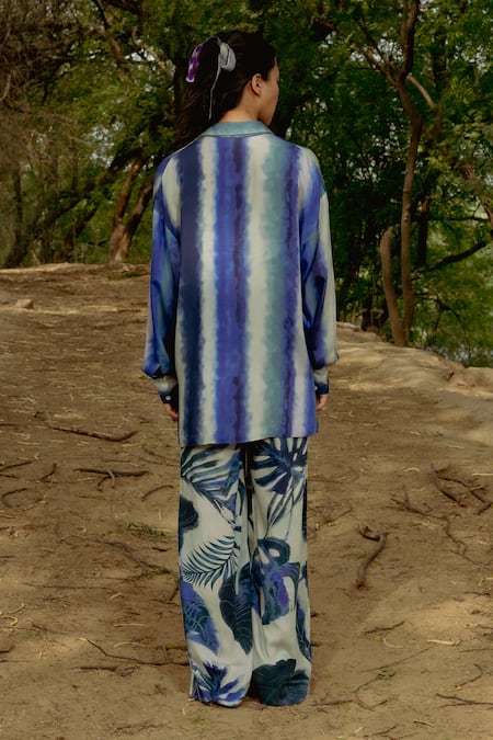 Shop_Raasa_Blue Cotton Modal Printed Leaf Collared Shirt And Pant Set _at_Aza_Fashions