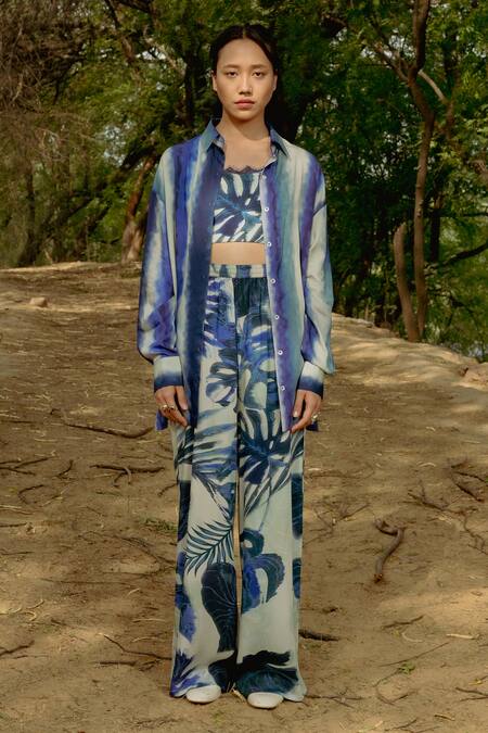 Raasa_Blue Cotton Modal Printed Leaf Collared Shirt And Pant Set _Online_at_Aza_Fashions
