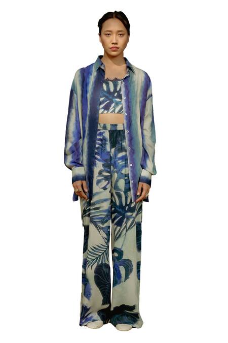 Buy_Raasa_Blue Cotton Modal Printed Leaf Collared Shirt And Pant Set _Online_at_Aza_Fashions