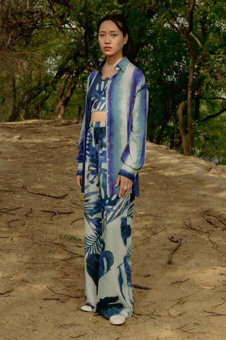Shop_Raasa_Blue Cotton Modal Printed Leaf Collared Shirt And Pant Set _Online_at_Aza_Fashions