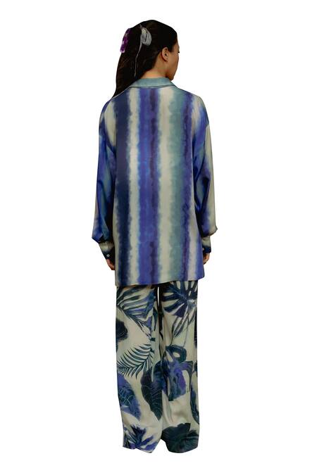 Raasa_Blue Cotton Modal Printed Leaf Collared Shirt And Pant Set _at_Aza_Fashions