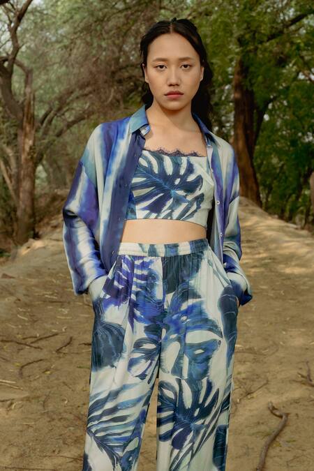 Buy_Raasa_Blue Cotton Modal Printed Leaf Collared Shirt And Pant Set 
