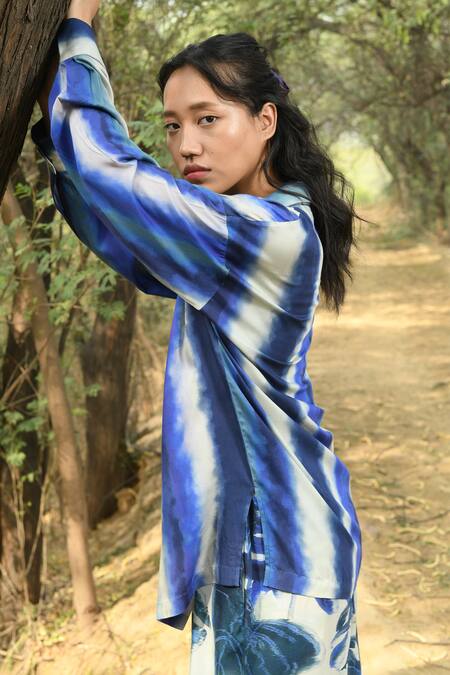 Shop_Raasa_Blue Cotton Modal Printed Leaf Collared Shirt And Pant Set 