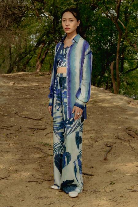 Raasa Blue Cotton Modal Printed Leaf Straight Lace Top at Aza Fashions Raasa_Blue Cotton Modal Printed Leaf Straight Lace Top _at_Aza_Fashions