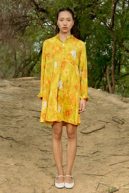 Raasa Yellow Cotton Modal Printed Floral Ruffles Short Dress Online at Aza Fashions Raasa_Yellow Cotton Modal Printed Floral Ruffles Short Dress _Online_at_Aza_Fashions