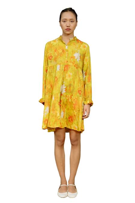 Buy Raasa Yellow Cotton Modal Printed Floral Ruffles Short Dress Online at Aza Fashions Buy_Raasa_Yellow Cotton Modal Printed Floral Ruffles Short Dress _Online_at_Aza_Fashions