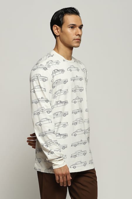Buy_Abraham And Thakore_White Cotton, Lycra Car Motifs Print T-shirt _Online_at_Aza_Fashions