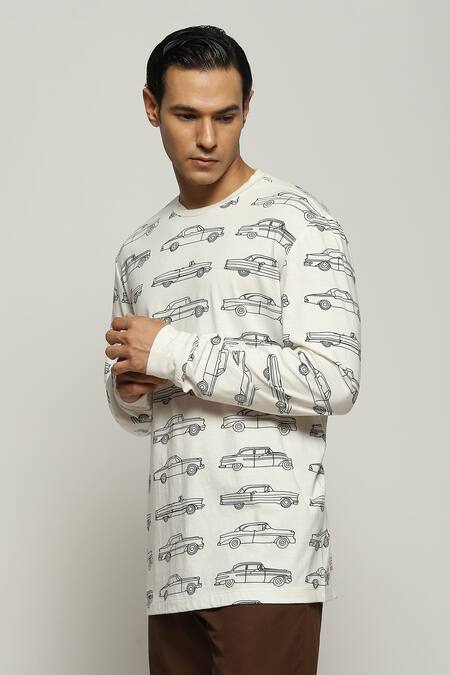 Shop_Abraham And Thakore_White Cotton, Lycra Car Motifs Print T-shirt _Online_at_Aza_Fashions
