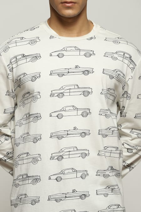 Abraham And Thakore_White Cotton, Lycra Car Motifs Print T-shirt _at_Aza_Fashions