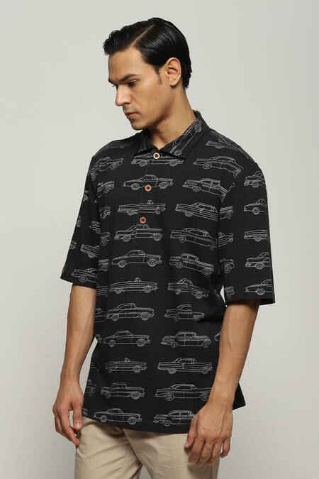 Buy_Abraham And Thakore_Black Cotton Car Motifs Pattern T-shirt _Online_at_Aza_Fashions