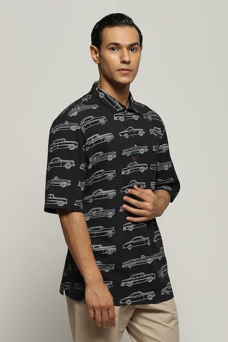 Shop_Abraham And Thakore_Black Cotton Car Motifs Pattern T-shirt _Online_at_Aza_Fashions
