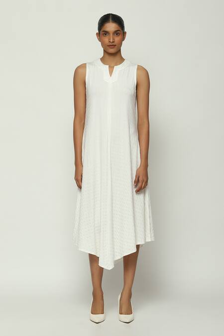 Abraham And Thakore Ivory Tencel, Lycra Split V-neck Flock Binary Dress Online at Aza Fashions Abraham And Thakore_Ivory Tencel, Lycra Split V-neck Flock Binary Dress_Online_at_Aza_Fashions
