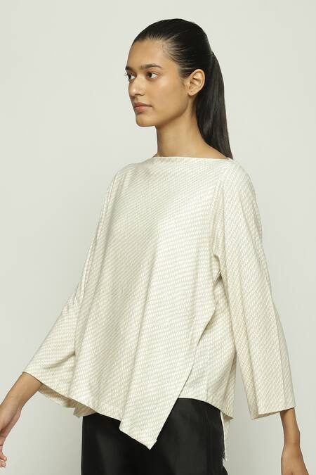 Abraham And Thakore_White Tencel, Lycra Boat Neck Twill Print Top_Online_at_Aza_Fashions
