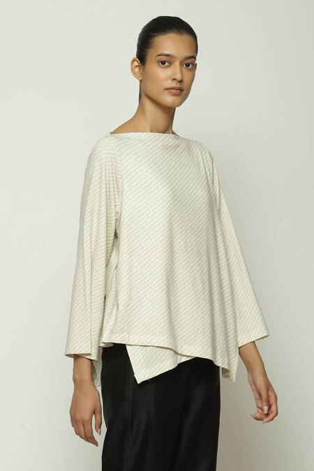Buy_Abraham And Thakore_White Tencel, Lycra Boat Neck Twill Print Top_Online_at_Aza_Fashions