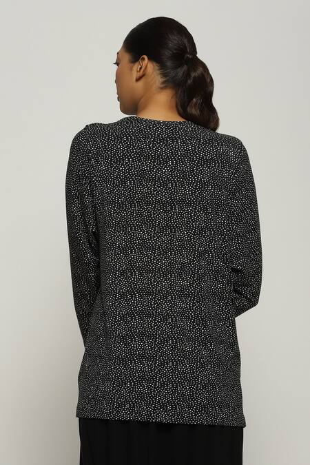 Shop Abraham And Thakore Black Tencel, Lycra Round Neck Dot Print Top at Aza Fashions Shop_Abraham And Thakore_Black Tencel, Lycra Round Neck Dot Print Top_at_Aza_Fashions