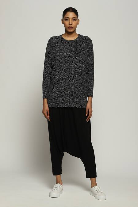 Abraham And Thakore Black Tencel, Lycra Round Neck Dot Print Top Online at Aza Fashions Abraham And Thakore_Black Tencel, Lycra Round Neck Dot Print Top_Online_at_Aza_Fashions