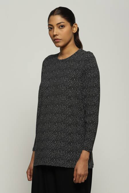 Buy Abraham And Thakore Black Tencel, Lycra Round Neck Dot Print Top Online at Aza Fashions Buy_Abraham And Thakore_Black Tencel, Lycra Round Neck Dot Print Top_Online_at_Aza_Fashions