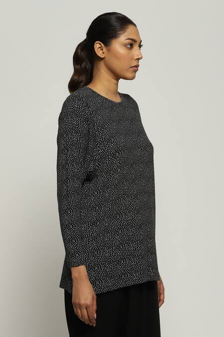 Shop Abraham And Thakore Black Tencel, Lycra Round Neck Dot Print Top Online at Aza Fashions Shop_Abraham And Thakore_Black Tencel, Lycra Round Neck Dot Print Top_Online_at_Aza_Fashions