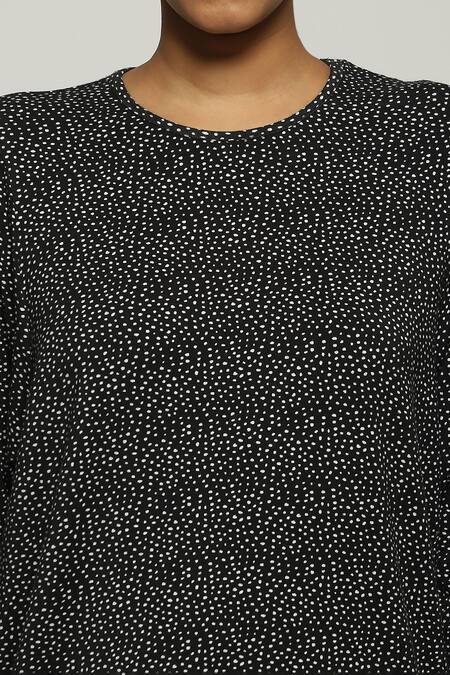 Abraham And Thakore Black Tencel, Lycra Round Neck Dot Print Top at Aza Fashions Abraham And Thakore_Black Tencel, Lycra Round Neck Dot Print Top_at_Aza_Fashions