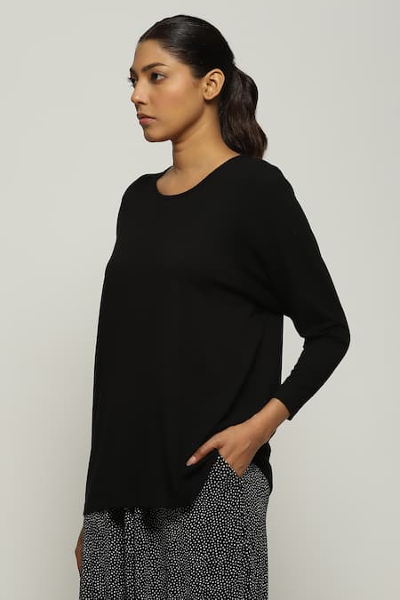 Shop Abraham And Thakore Black Tencel, Lycra Round Neck Solid Full Sleeve Top Online at Aza Fashions Shop_Abraham And Thakore_Black Tencel, Lycra Round Neck Solid Full Sleeve Top_Online_at_Aza_Fashions