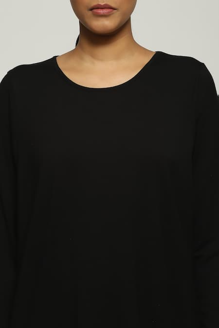Abraham And Thakore Black Tencel, Lycra Round Neck Solid Full Sleeve Top at Aza Fashions Abraham And Thakore_Black Tencel, Lycra Round Neck Solid Full Sleeve Top_at_Aza_Fashions