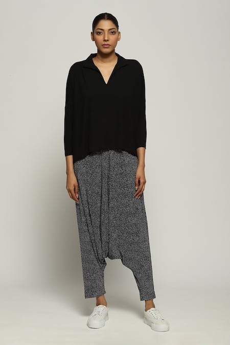 Abraham And Thakore Black Tencel, Lycra Collared Top Online at Aza Fashions Abraham And Thakore_Black Tencel, Lycra Collared Top_Online_at_Aza_Fashions