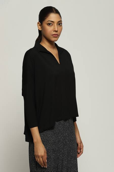 Shop Abraham And Thakore Black Tencel, Lycra Collared Top Online at Aza Fashions Shop_Abraham And Thakore_Black Tencel, Lycra Collared Top_Online_at_Aza_Fashions
