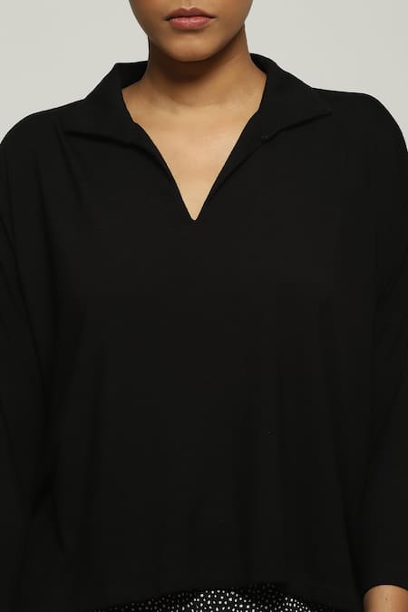 Abraham And Thakore Black Tencel, Lycra Collared Top at Aza Fashions Abraham And Thakore_Black Tencel, Lycra Collared Top_at_Aza_Fashions
