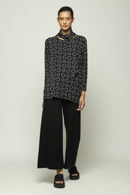 Abraham And Thakore Black Tencel, Lycra Turtle Neck Ring Print Top at Aza Fashions Abraham And Thakore_Black Tencel, Lycra Turtle Neck Ring Print Top_at_Aza_Fashions
