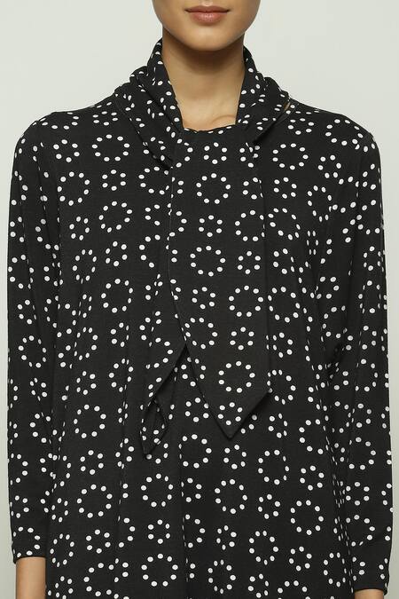 Buy Abraham And Thakore Black Tencel, Lycra Turtle Neck Ring Print Top Buy_Abraham And Thakore_Black Tencel, Lycra Turtle Neck Ring Print Top