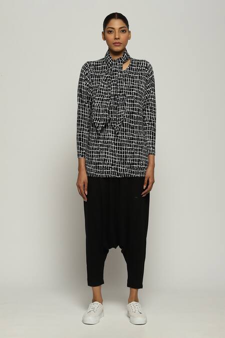 Abraham And Thakore_Black Tencel, Lycra Turtle Neck Lattice Print Top_Online_at_Aza_Fashions
