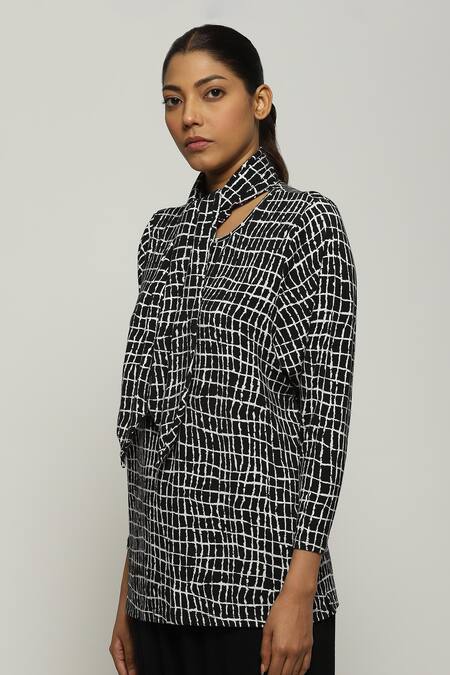 Buy_Abraham And Thakore_Black Tencel, Lycra Turtle Neck Lattice Print Top_Online_at_Aza_Fashions