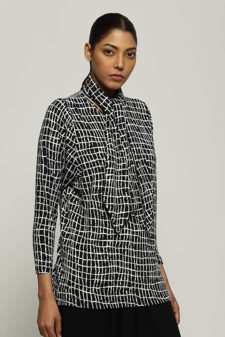 Shop_Abraham And Thakore_Black Tencel, Lycra Turtle Neck Lattice Print Top_Online_at_Aza_Fashions
