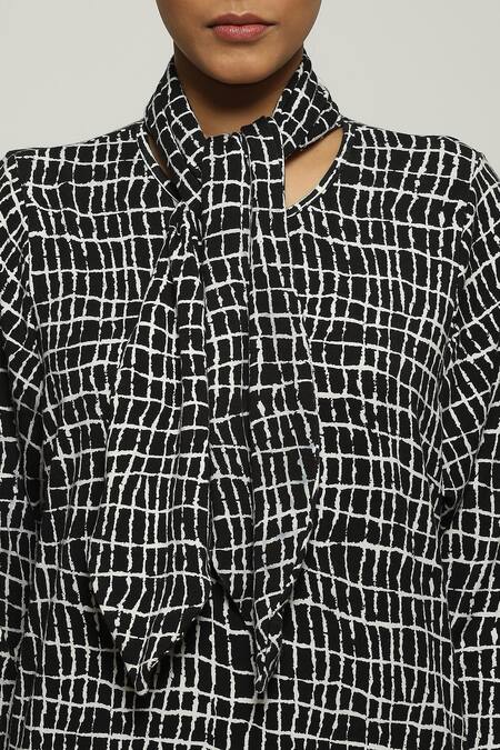 Abraham And Thakore_Black Tencel, Lycra Turtle Neck Lattice Print Top_at_Aza_Fashions