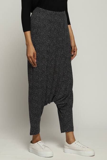 Abraham And Thakore_Black Tencel, Lycra Dot Print Trouser_Online_at_Aza_Fashions