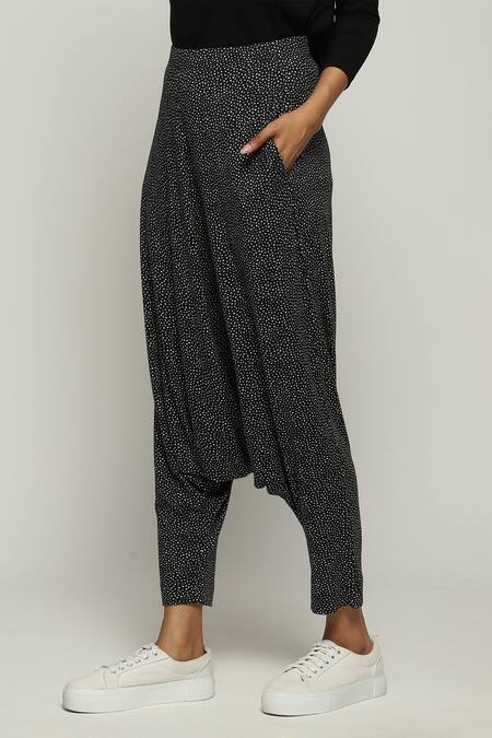 Buy_Abraham And Thakore_Black Tencel, Lycra Dot Print Trouser_Online_at_Aza_Fashions