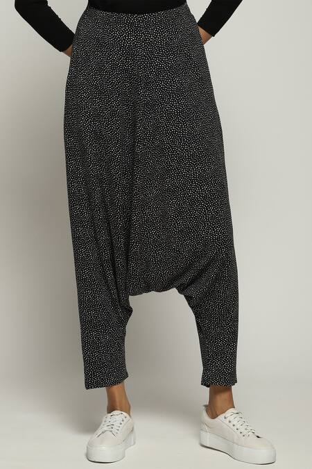 Abraham And Thakore_Black Tencel, Lycra Dot Print Trouser_at_Aza_Fashions