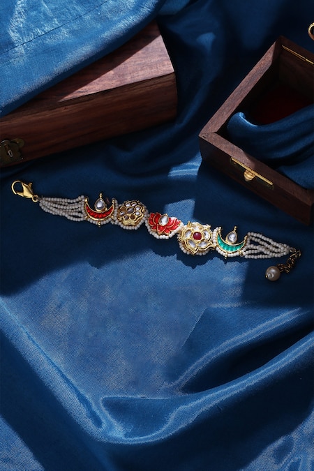 Dugran By Dugristyle Multi Color Pearls, Stones, Diamonds Lotus Embellished Bracelet Online at Aza Fashions Dugran By Dugristyle_Multi Color Pearls, Stones, Diamonds Lotus Embellished Bracelet _Online_at_Aza_Fashions