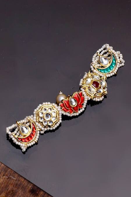 Shop Dugran By Dugristyle Multi Color Pearls, Stones, Diamonds Lotus Embellished Bracelet Online at Aza Fashions Shop_Dugran By Dugristyle_Multi Color Pearls, Stones, Diamonds Lotus Embellished Bracelet _Online_at_Aza_Fashions