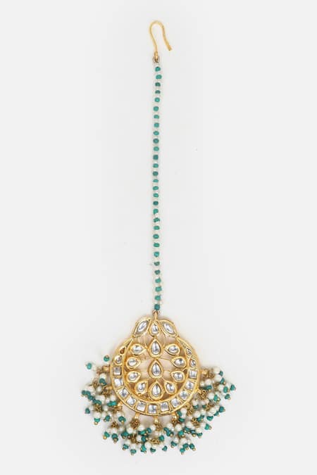 Dugran By Dugristyle_Green Kundan And Pearl Embellished Maangtikka _Online_at_Aza_Fashions